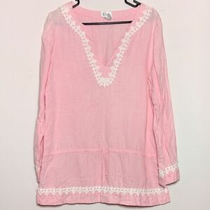 Lilly Pulitzer Tunic Linen Blouse Beach Cover M Pink Color w/ White Trim